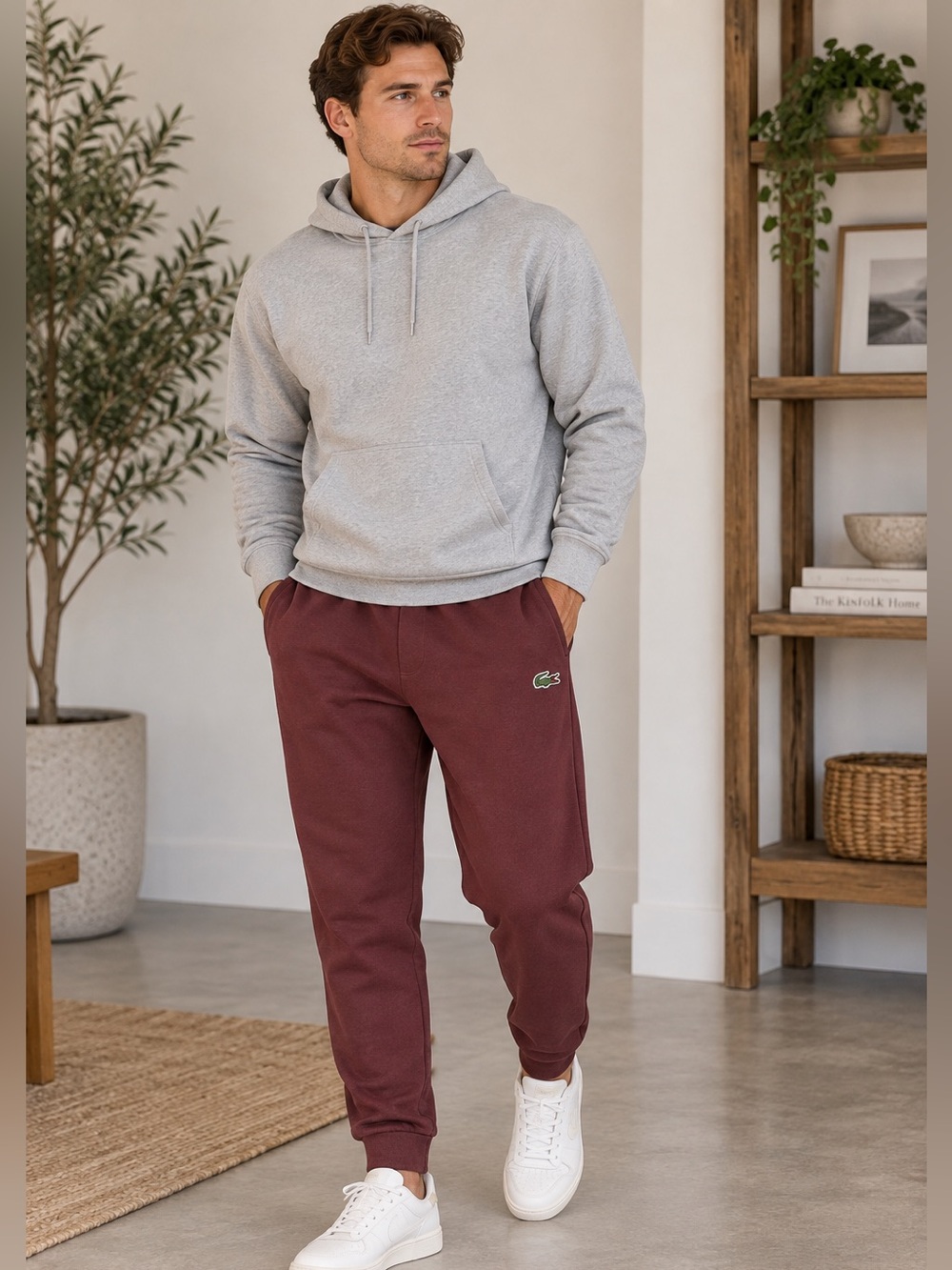 Lacoste Men’s M Tapered Fit Burgundy Fleece Jogger Sweatpants Crocodile Logo